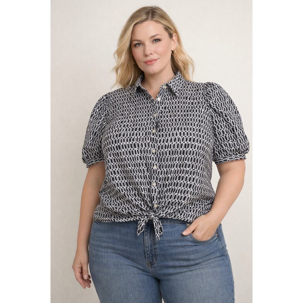 Nine West Womens XXL Black White Geometric Tie Front Blouse